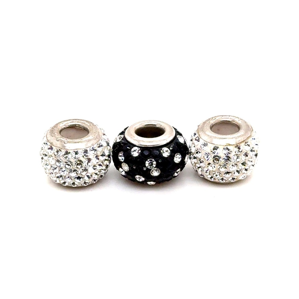 3pc Sterling Silver 925 Pave Crystal European Charm Beads Black White Set